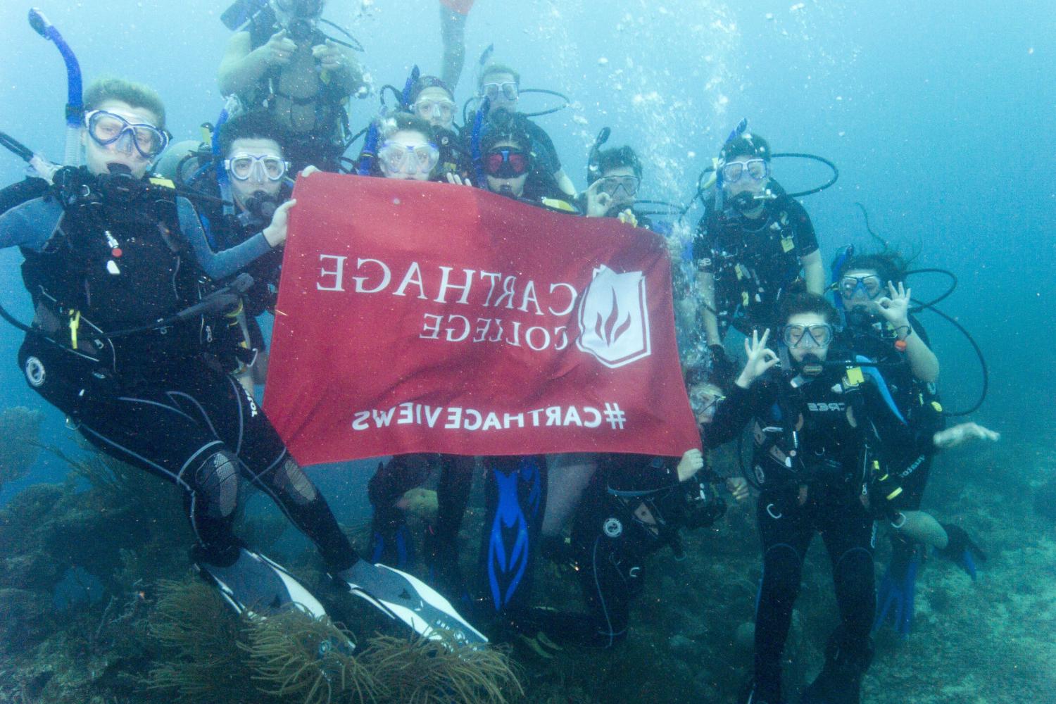 学生们手持<a href='http://0sm75x9.398966.com'>博彩网址大全</a>旗帜，在j学期洪都拉斯游学之旅中潜水.